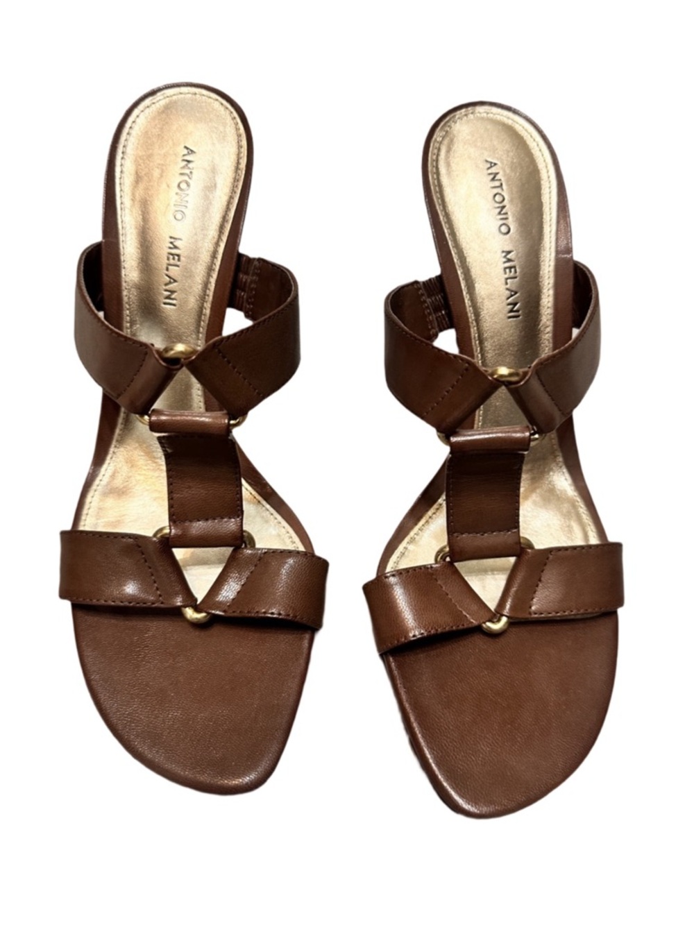 Antonio Melani 9.5 Brown Leather T-Strap Slide Sandals with Gold Accents